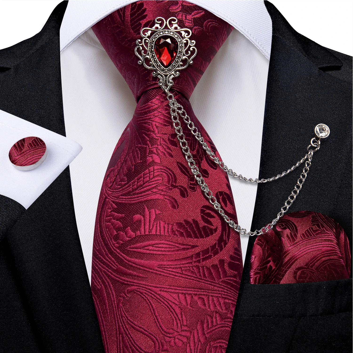 Red Paisley Floral Silk Ties for Men with Luxury Crystal Brooch Chain 8cm Necktie Handkerchief Cufflink Set Wedding Accessories