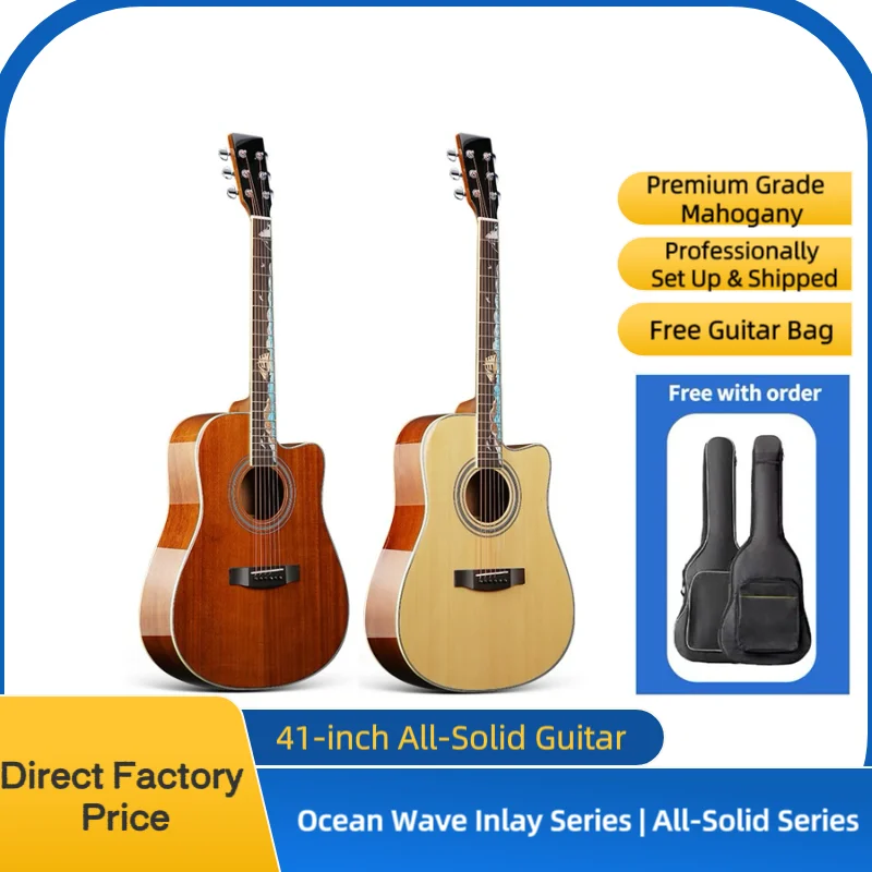 

Free Shipping 41 Inch Acoustic Guitar DC Body Peach Core Sea Wave Carving With/Without Armrest Warm Tone Comfortable Neck