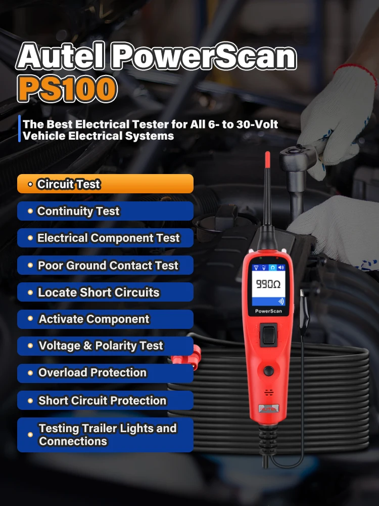Autel PowerScan PS100 Kfz-Stromkreisprüfer, Stromkreis-Sonde, 12-24V, für Kurzschlüsse, Unterbrechungen, Stromkreisfinder, AC/DC Strom, Widerstand, Lastzyklus & 20FT Verlängerungskabel für 99% aller