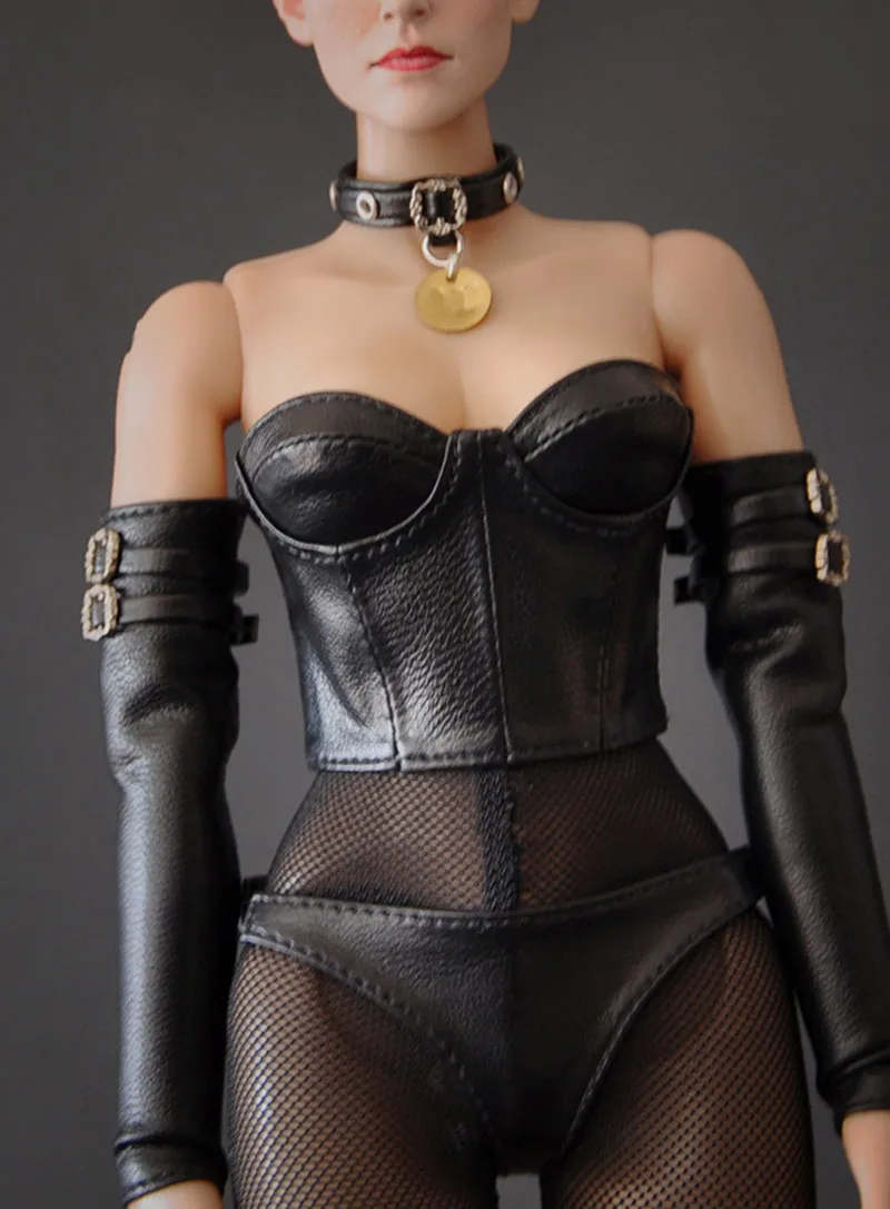 Sujetador de cuero de soldado gótico para mujer, medias largas transparentes, anillo de cuello Sexy, tubo de pecho envuelto, modelo de figura de acción de 12 ", 1/6