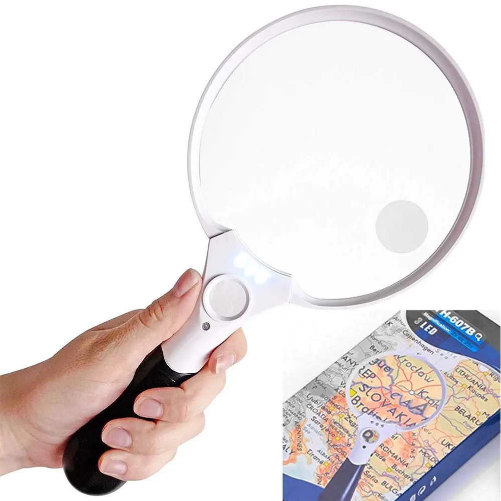 

137mm Extra Large Handheld Magnifying Glass with 3 LED Lights Illuminated Reading Magnifier 2X 4X 25X Loupe Lens for Seniors