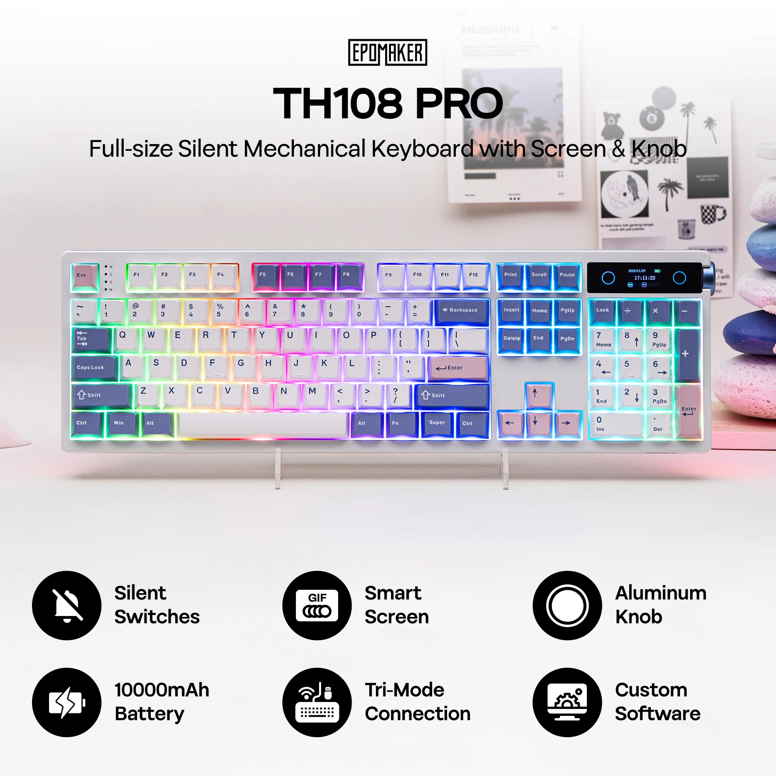 EPOMAKER TH108 PRO 100% Gasket-Mounted Tri-Mode Wireless Mechanical Keyboard RGB Backlight with TFT Smart Display & Knob