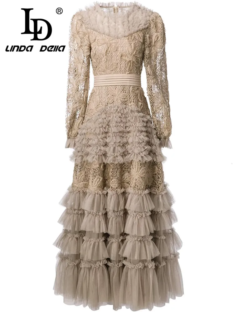 LD LINDA DELLA 2025 الخريف/الشتاء موضة شبكة سوداء الفطريات حافة مكدسة المرقعة كم طويل الرقبة المستديرة S-4XL فستان