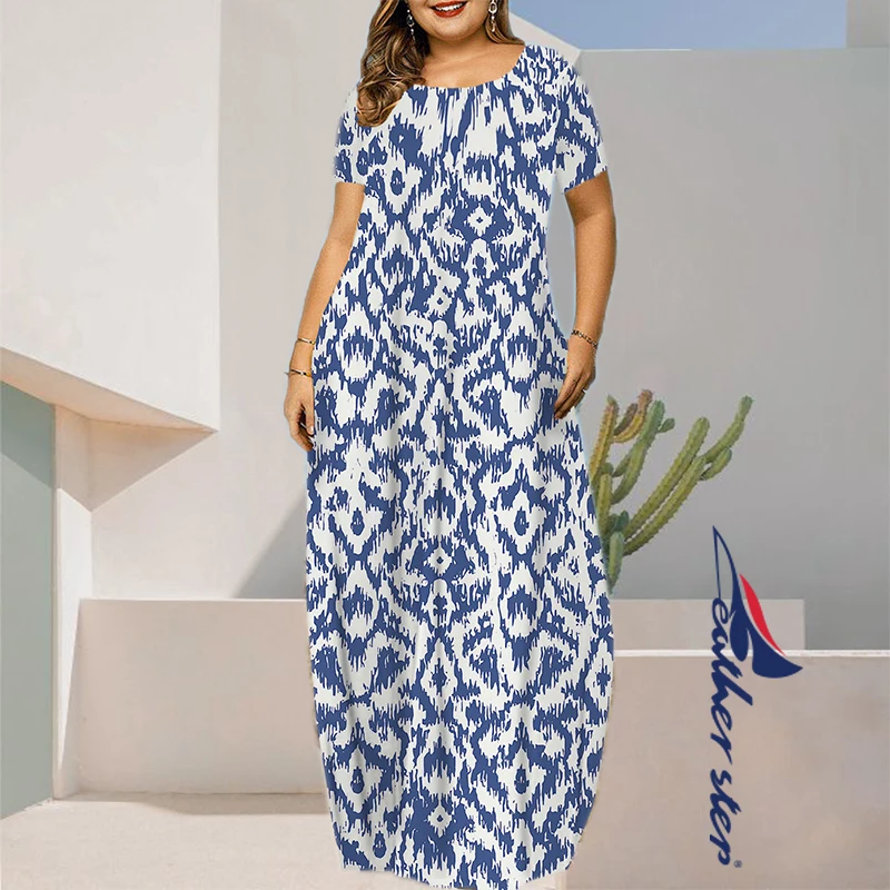 Plus Size damska artystyczny nadruk sukienka Maxi elegancka sukienka bez rękawów Longue letnia kieszeń plażowa długie sukienki swobodny top Kaftan