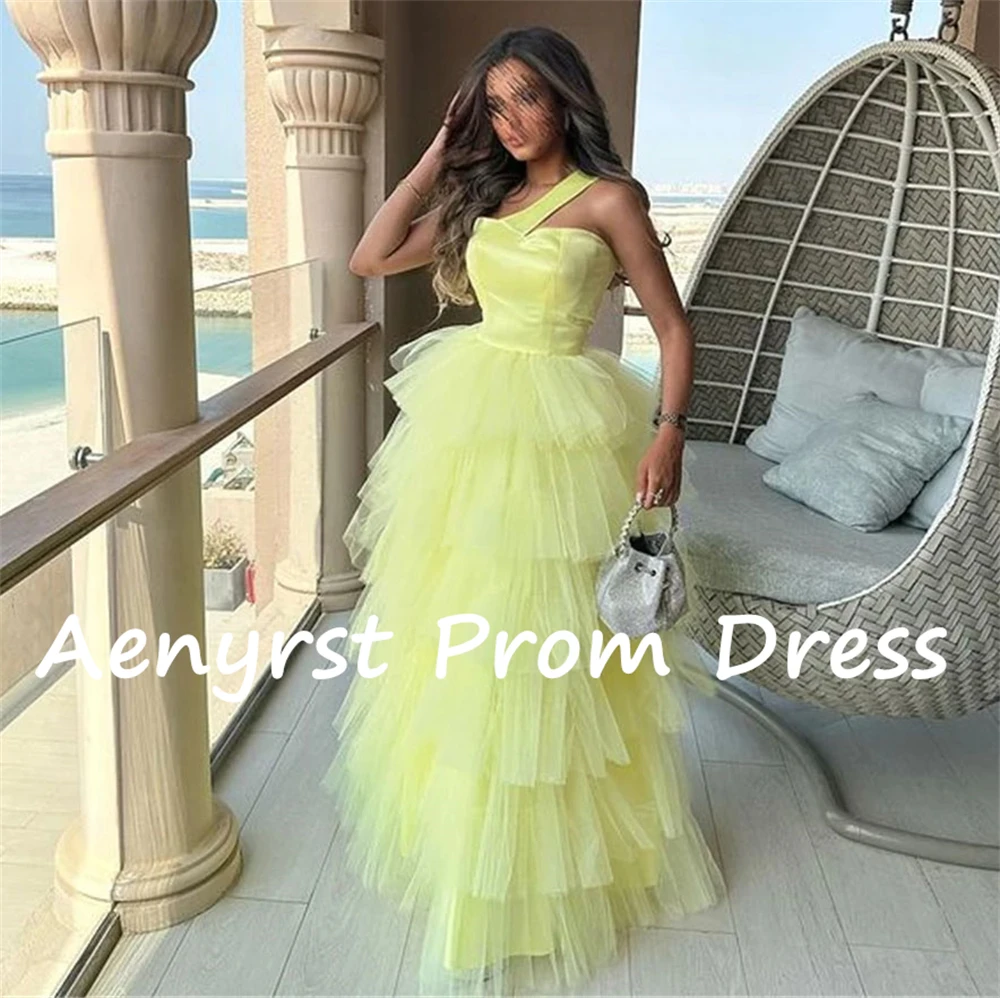 Aenyrst Yellow One Shoulder Prom Dresses A Line Tulle Tiered Evening Gowns Floor Length Dinner Party Dress Elegant فساتين السهرة