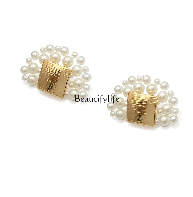 

Pearl Earrings Temperament Fanshaped Eardrops Retro Easy Matching Ear Studs