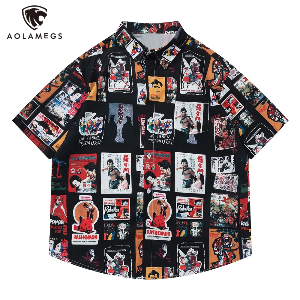 Vintage Retro Men Multi Posters Graphic Print Short Sleeve Shirts Summer New Colorful Lapel Button Shirts Men and Women Blouse