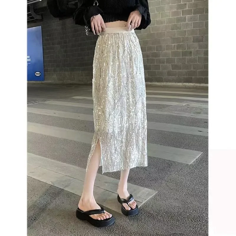 Sparkling Slit Skirt for Women's Summer New High Waisted Style, Slimming Mid Length Skirt, All Match Fashion Classic Skirt