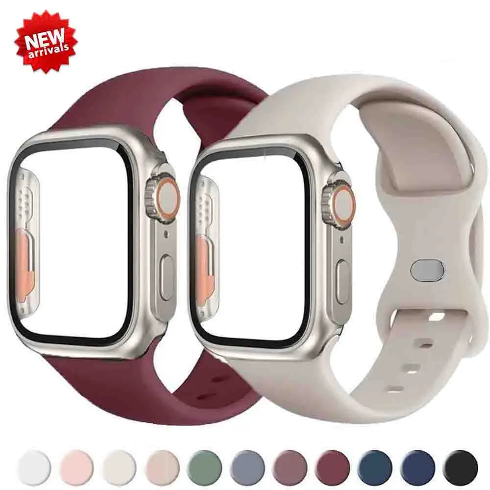 

Silicone Strap + Cover for Apple Watch Band 45mm 41mm 44mm 40mm 38/42mm Bracelet Case for iWatch Series 9 8 7 6 SE 5 3 4 Ultra 2