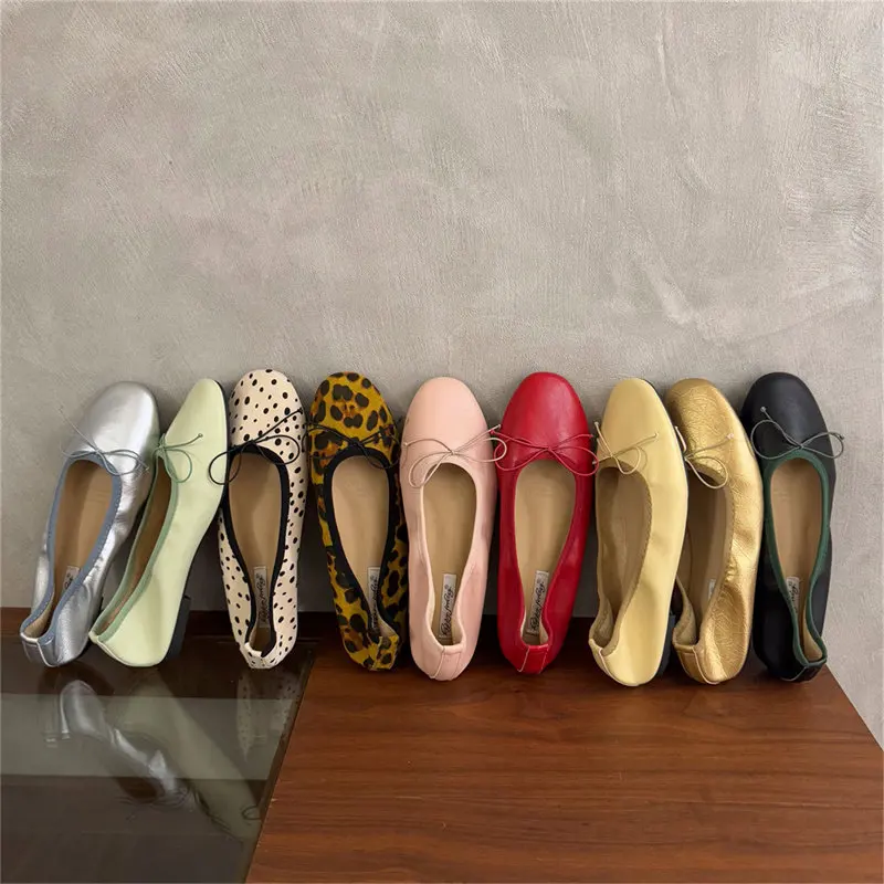 

New Women's Ballet Flats Silver Slip on Leather Shoes Bowtie Boat Shoes Blue Soft Ladies Shoes Spring Autumn Zapatos Mujer