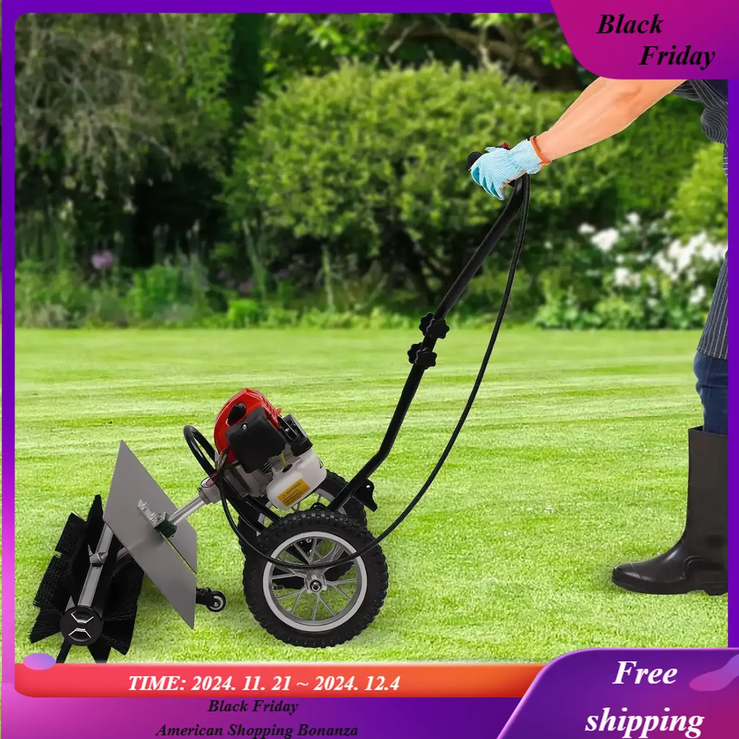 Walk Behind Sweeper Broom, 43CC 1.7HP 2-Stroke Gas Powered Snow Sweeper Broom with Mudguard & Wheels, Outdoor Sweeping