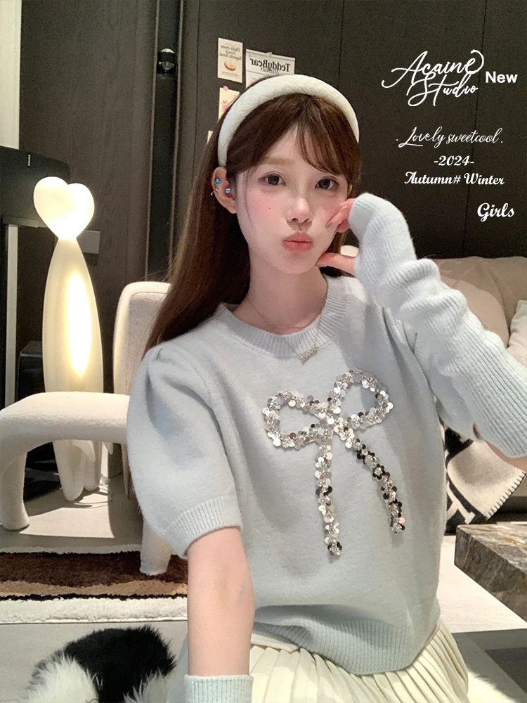 

Вязаный топ Acaine с круглым вырезом и длинными рукавами для женщин, зимний, свободного кроя, однотонный, с рукавами-накидками, в нежном стиле