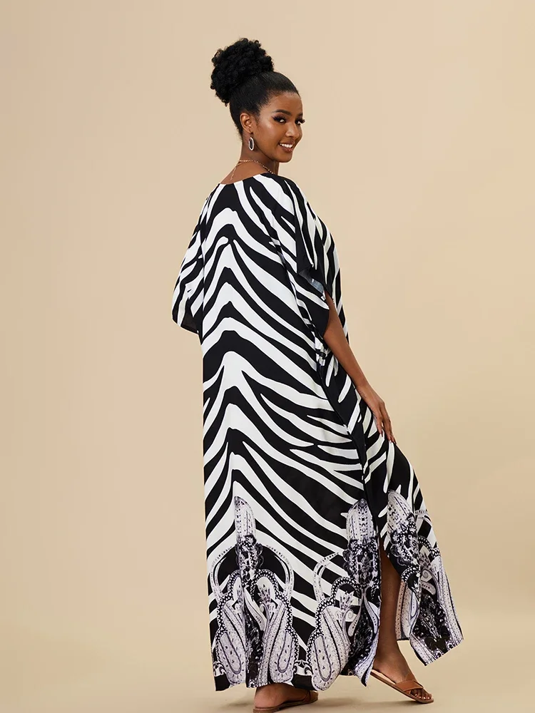 Bohemian Black Striped Maxi Dress Rayon V Neck Katan Long Dress Swimsuit Cover Up Oversize Women Robe Plage Pareos Dress Tunics