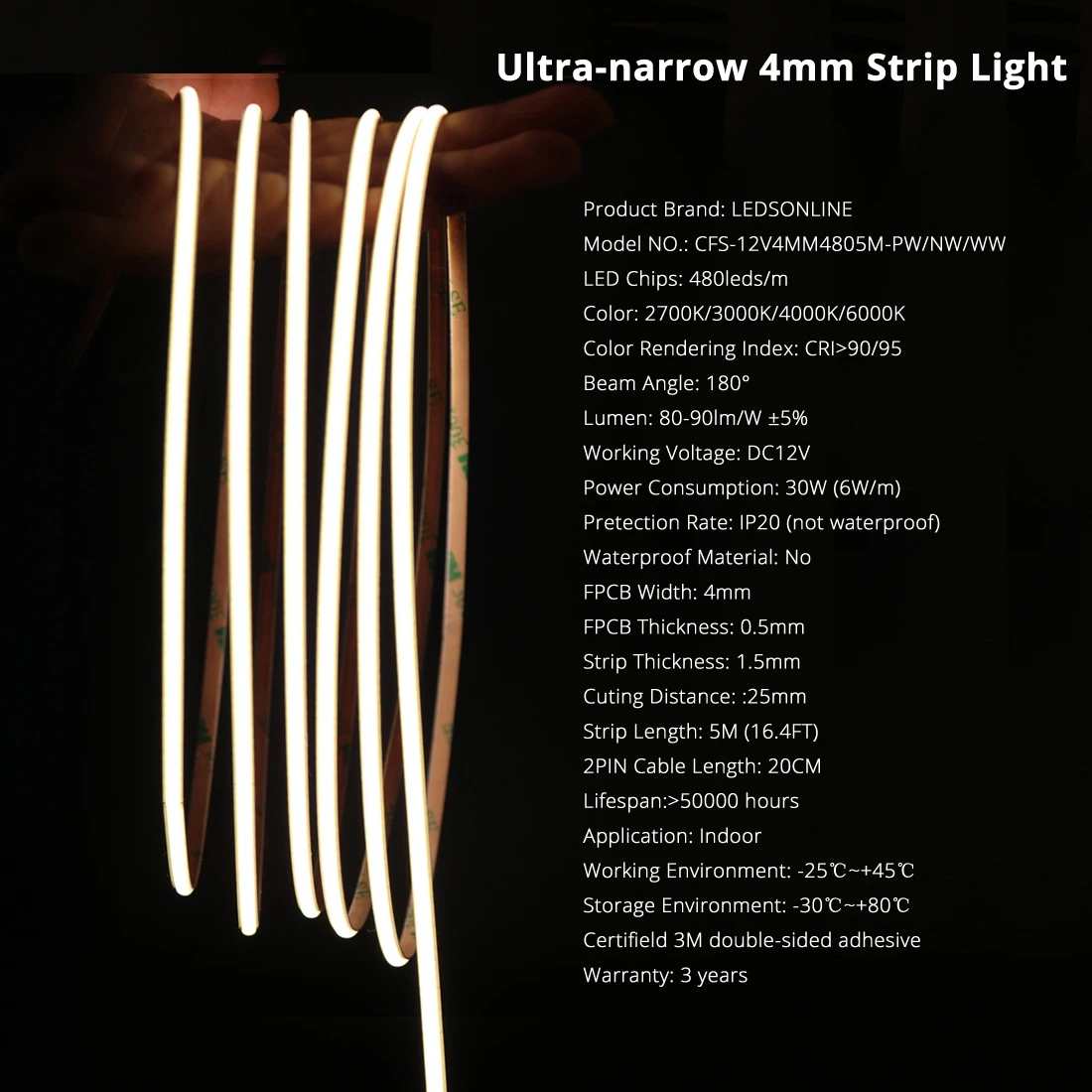 4mm Flexible COB LED Strip Light  Tape Lighting 12V 480leds Ra 90 3000K 4000K 6000K