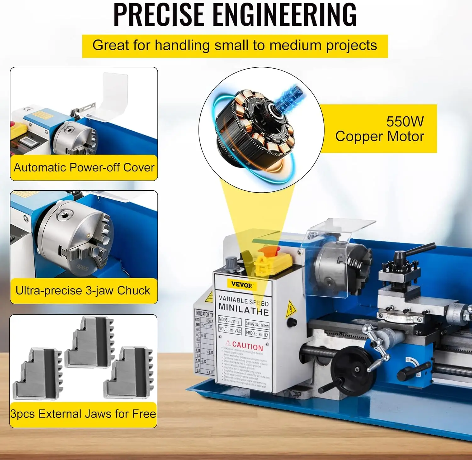 Metal Lathe 7"x12", Precision Bench Top Mini Metal Lathe 550W, Variable Speed 50-2500 RPM Nylon Gear With A Movable Lamp
