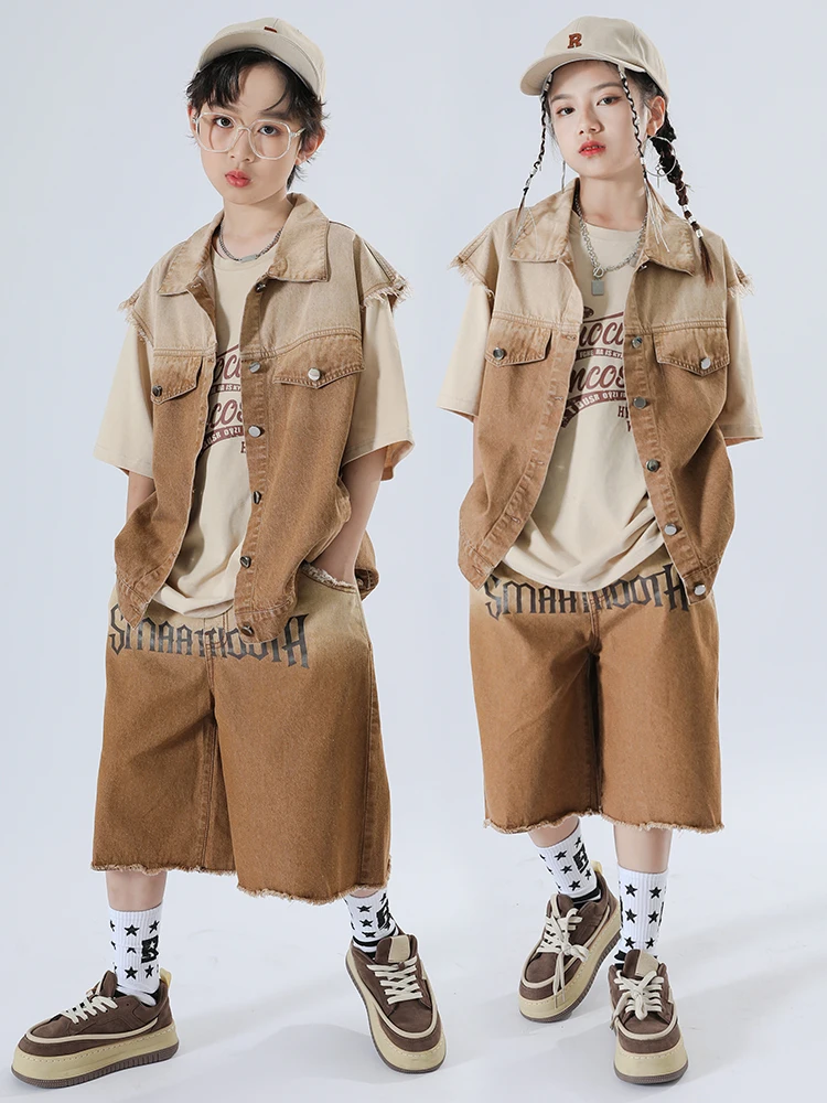 Children Jazz Costume Hip Hop Loose Denim Vest Brown Short Sleeves Boys Hip Hop Dance Clothing Girls Performance Suit BL10830