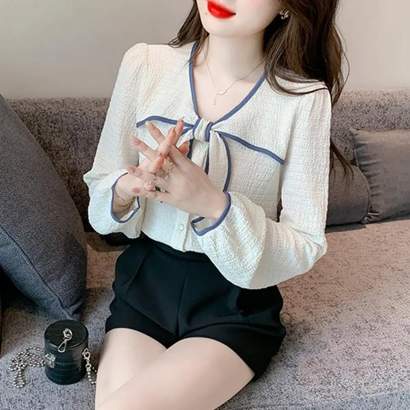 

V-neck Casual Shirts Women Bow Spring Temper Elegant All-match Office Lady Fashion Tender Loose Korean Style Folds Patchwork Ins