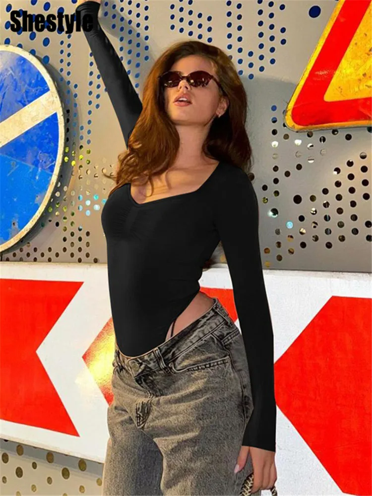 Shestyle ساحة الرقبة الصلبة البني ارتداءها المرأة عالية الخصر طويلة الأكمام زر المنخفضة قطع الأساسية أعلى الشتاء الربيع Bodycon عارضة #5