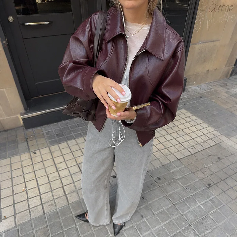 

Elegant Lapel PU Jackets Fashion Women Zipper Solid Retro Y2K Autumn Winter Coats Casual Streetwear Pocket Slim Fit Outerwear