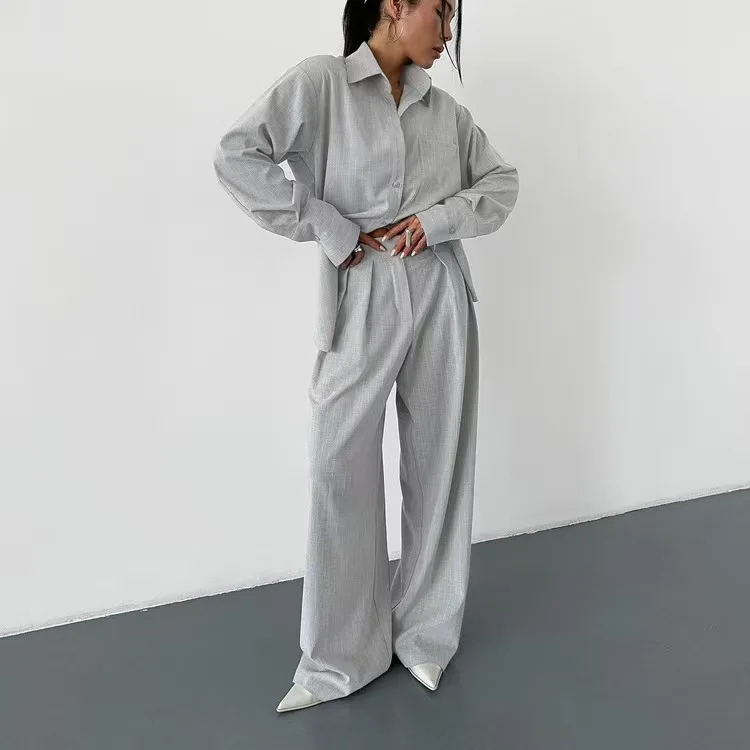 

Повседневные длинные брюки в полоску с высокой талией, комплект из двух предметов, женский свободный комплект на пуговицах, осенняя коллекция