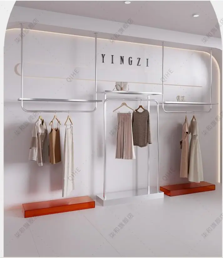 Stainless steel brushed women's shelf ceiling hanging hanger men's floor-to-ceiling clothes display rack