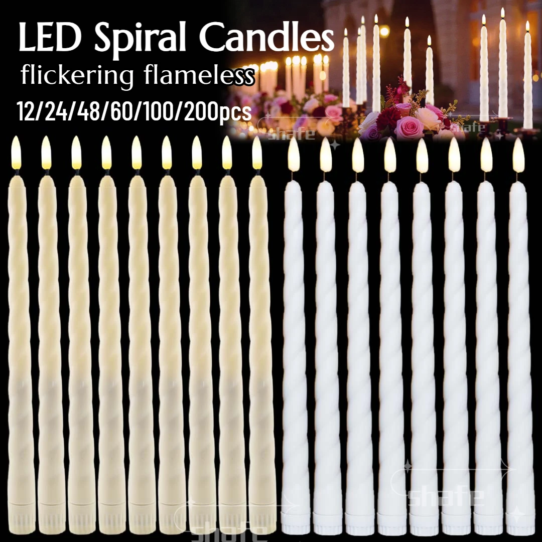 12-200Pcs Spiral Flameless Taper Candles for Wedding Flickering LED Candles Battery Operated Fake Candle Party Dinner Home Decor