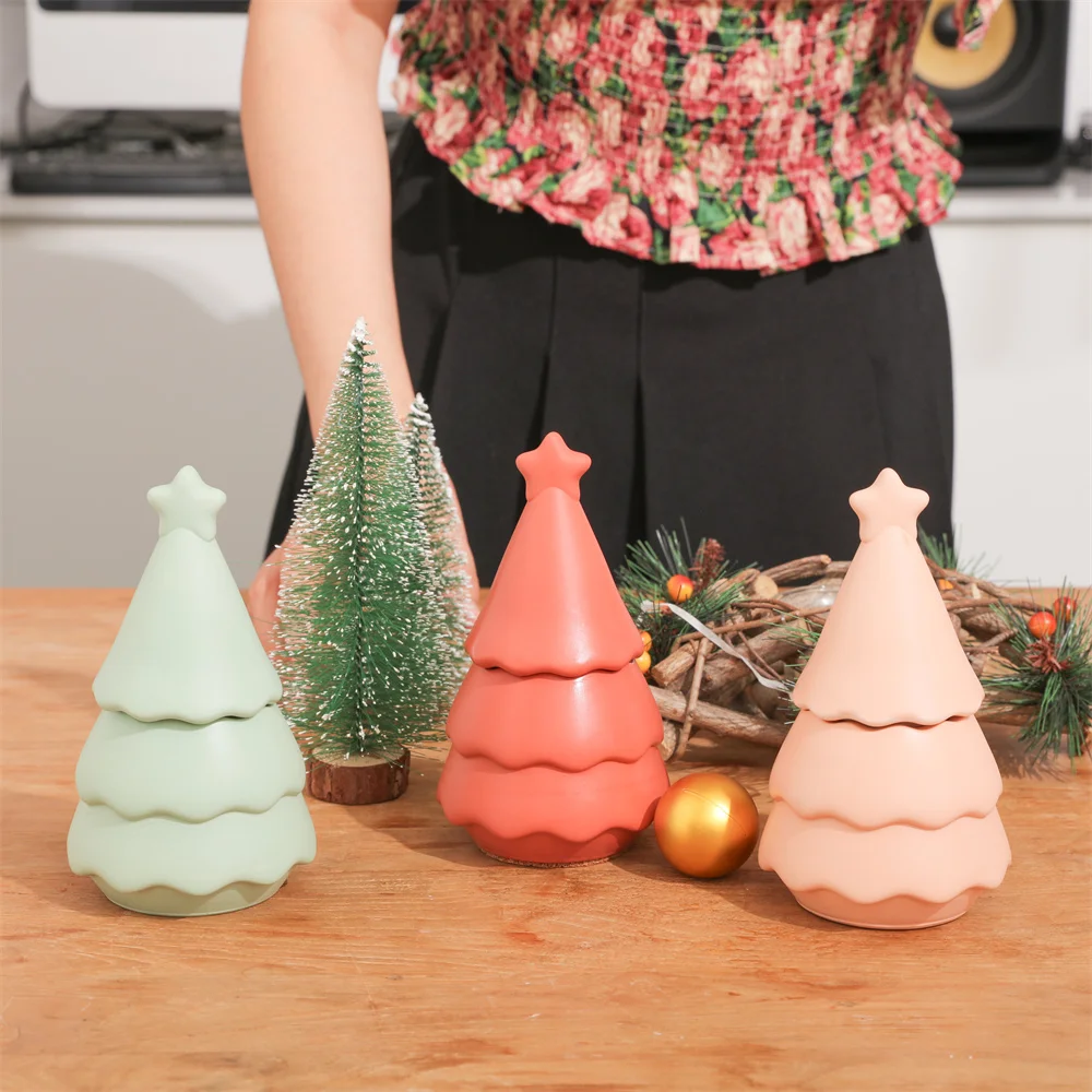 Christmas Tree Candle Jar Concrete Silicone Mould with Lid  Candle Vesssel Mould for Cement and Jesmonit DIY Christmas Gift Tool