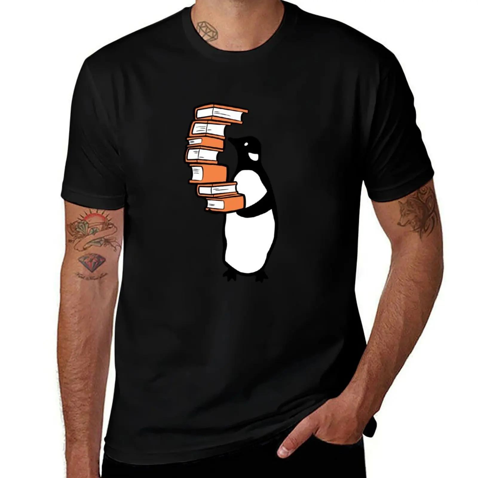 

Penguin holding pile of books T-Shirt cute clothes vintage t shirts animal prinfor boys anime t shirts Short sleeve tee men