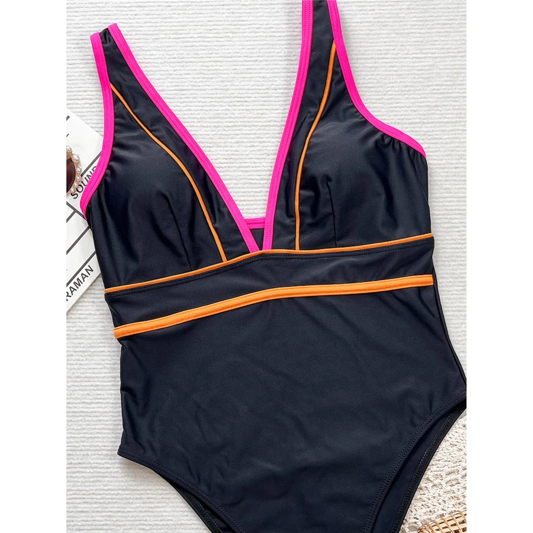 Neuer, tief ausgeschnittener Damen-Badeanzug mit V-Ausschnitt, einteilig, mit hohem Beinausschnitt, gepolstert, Monokini, Badebekleidung, Badeanzug, Modell V6027. – Detail 12