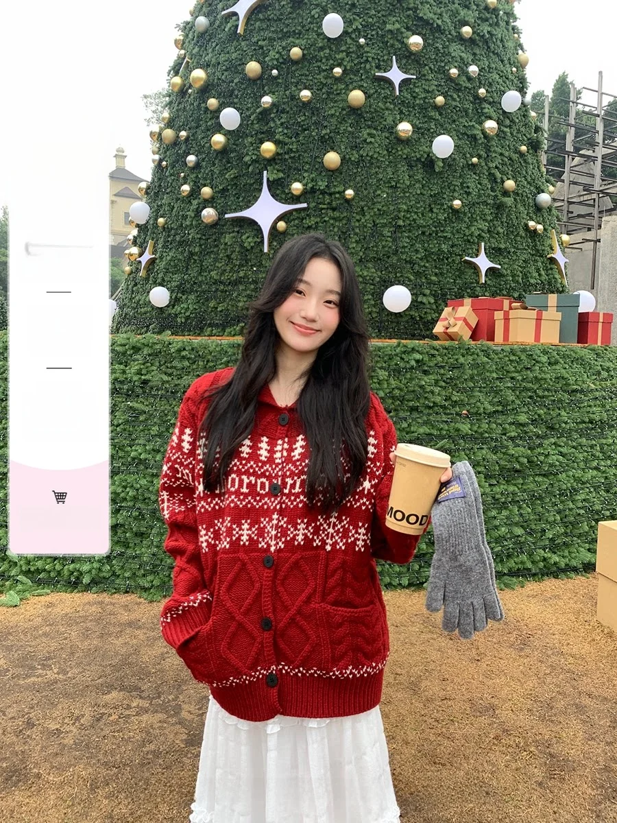 

Retro New Year Aosphere Thiened Knitted Cardigan Women's Loose Sweater Coat Flip Collar Knitwear Casual Online Exclusive