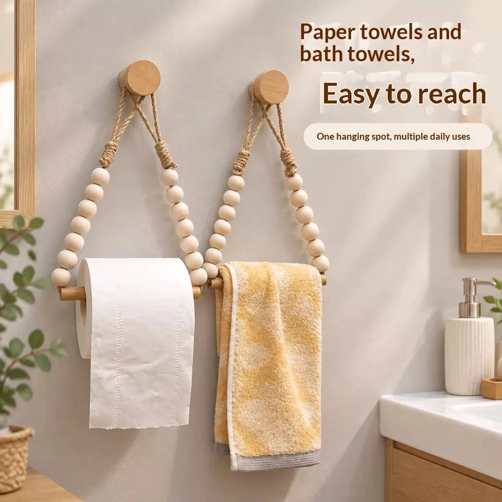 Wooden Bead Toilet Roll Holder Punch Free Self Adhesive Wall Mount Jute Hemp Rope Bathroom Tissue Dispenser Rustic Decor