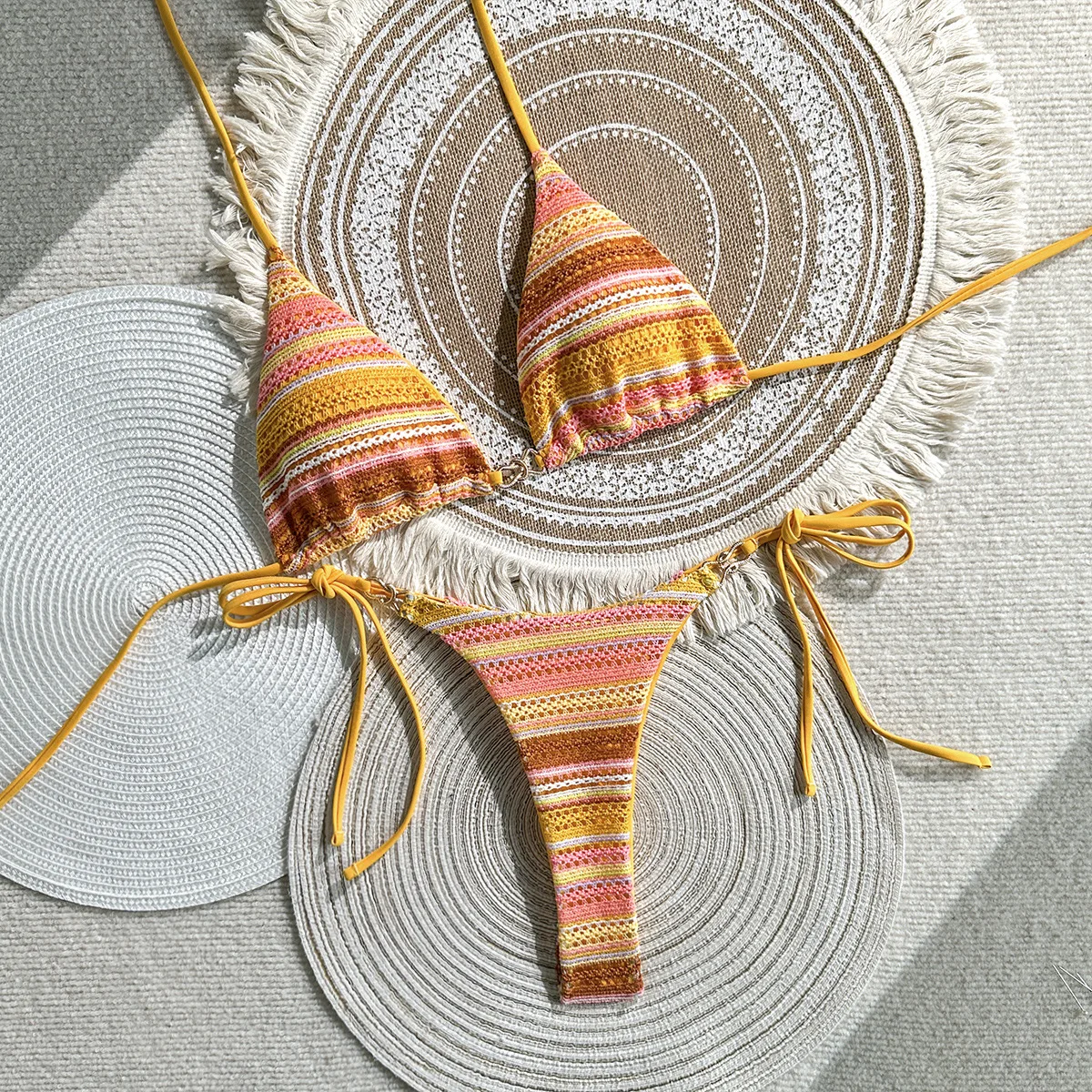 

sexy striped knit micro bikinis sets two pieces halter tie thong swimsuits bathing suit swimwear beach outfits tankini biquini