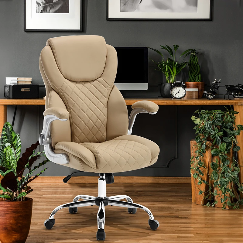 Ergonomic Office Chair With Flip-Up Armrests And Wheels, Leather Rocking Executive Office Chair On-Site