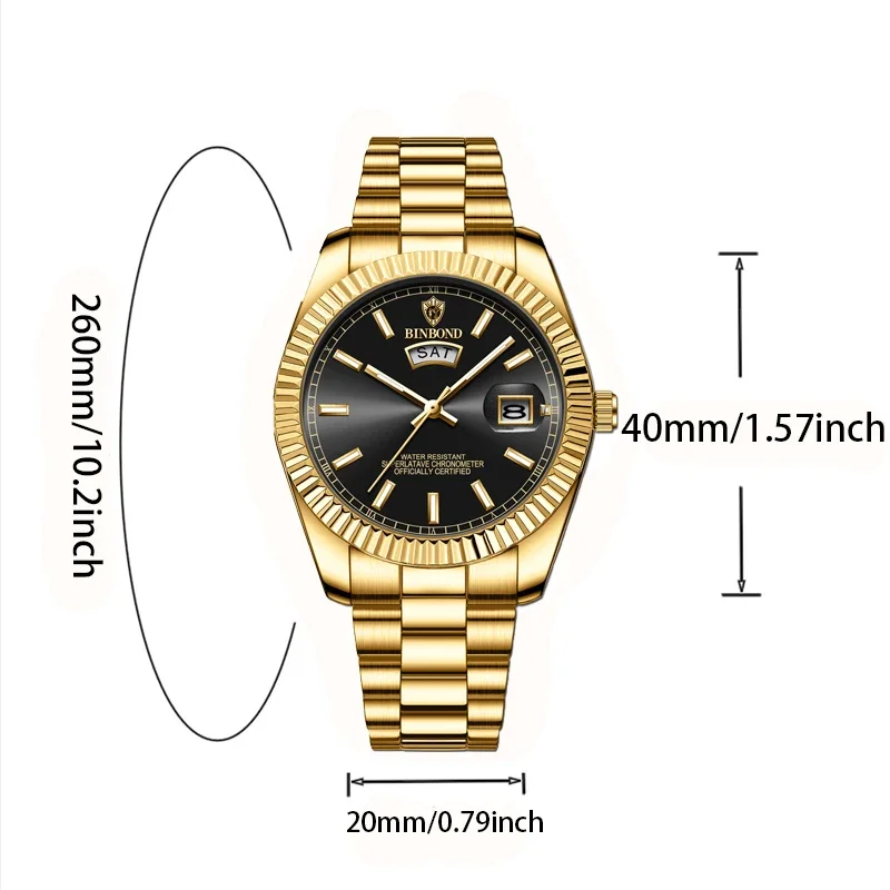 Reloj de cuarzo chapado en oro de 18k para hombre, cronógrafo de marca superior con fecha, correa de acero para ocio y negocios,