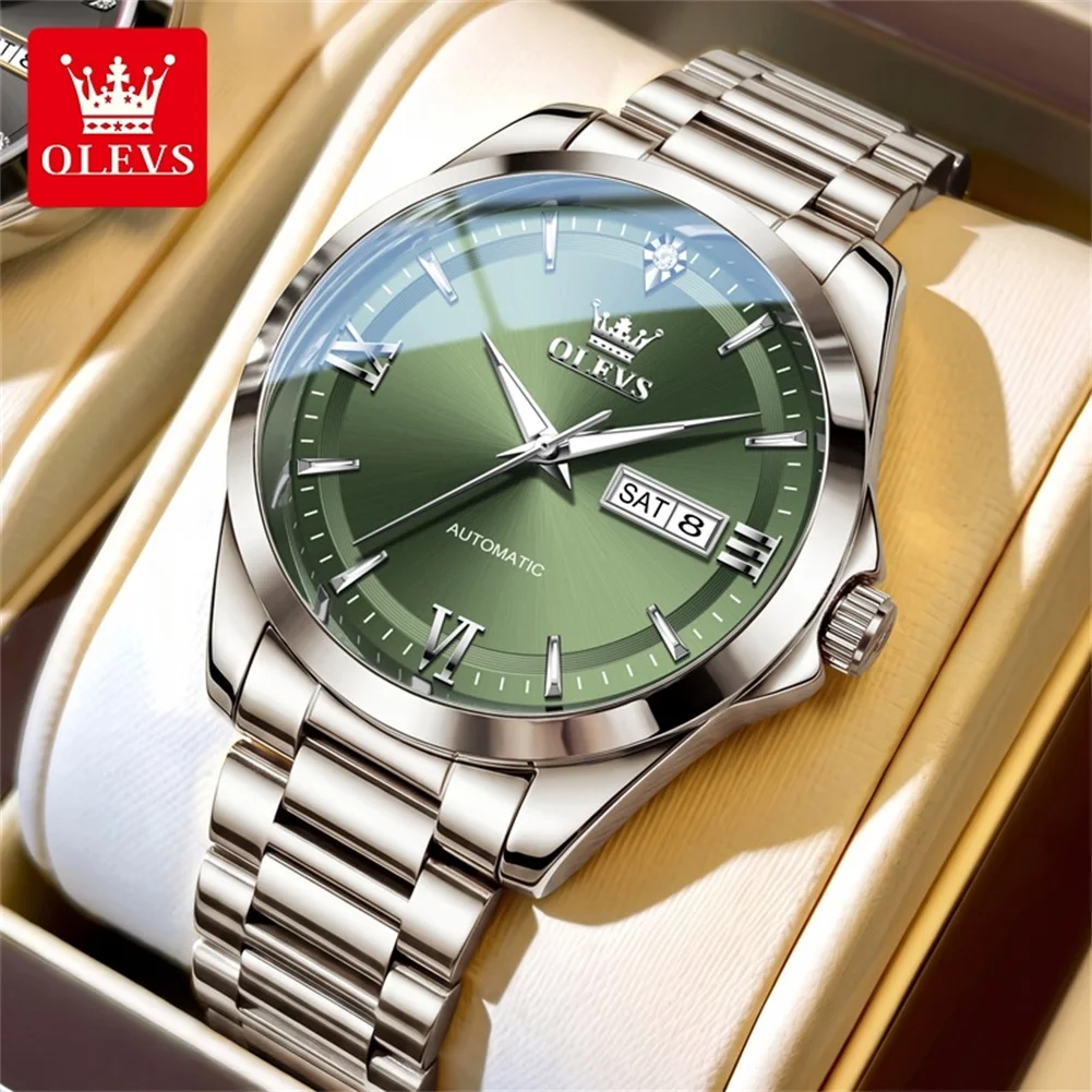 OLEVS 7099 Men Automatic Mechanical Watch Green Dial Week Date Display Stainless Steel Strap Luxury Business Wristwatch