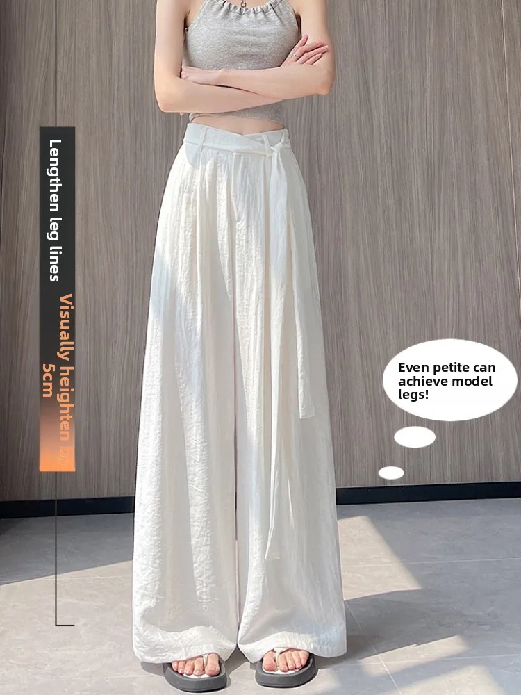 White Linen Silk Wide Leg Pants Women Summer Lightweight Casual Bando Trousers Long Pants Commute Sle High Waist Straight Cut