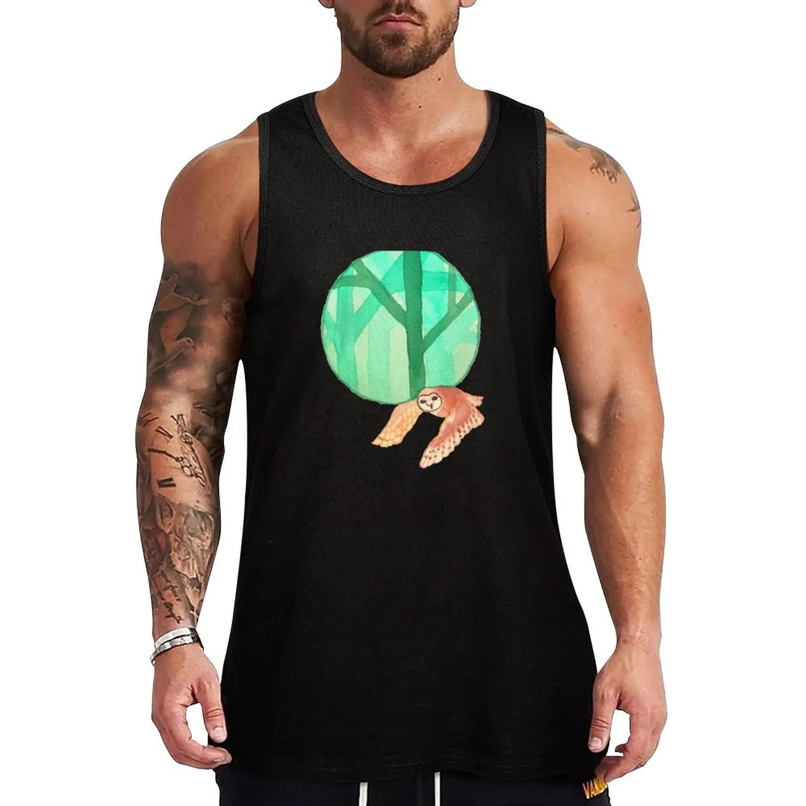 Barn owl with mystical forest, black Tank Top Summer Casual Tank Top Loose Lightweight Sleeveless