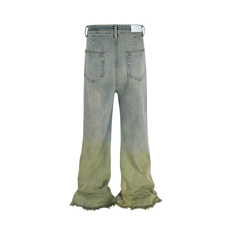 Style Vintage Gradient Yellow Green Micro Flared Jeans Washed Wide Leg Stacking Unisex Pants