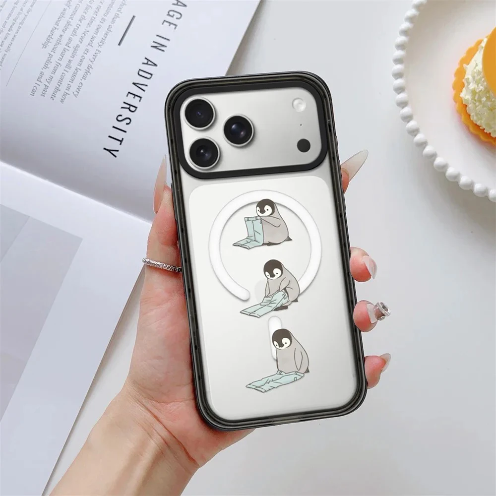 Cute Grey Penguin Impact Black Border Magnetic Cover for IPhone 12 13 14 15 16 17 Pro Max Case for IPhone 17 Air