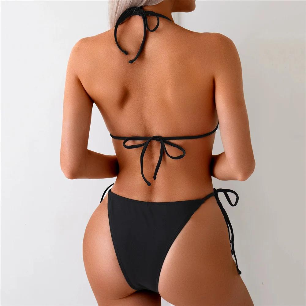 Microbikini con Tanga y cuello Halter para mujer, traje de baño Sexy con cordones, traje de baño negro liso, Mini Bikinis, conjuntos de Bikinis 2025