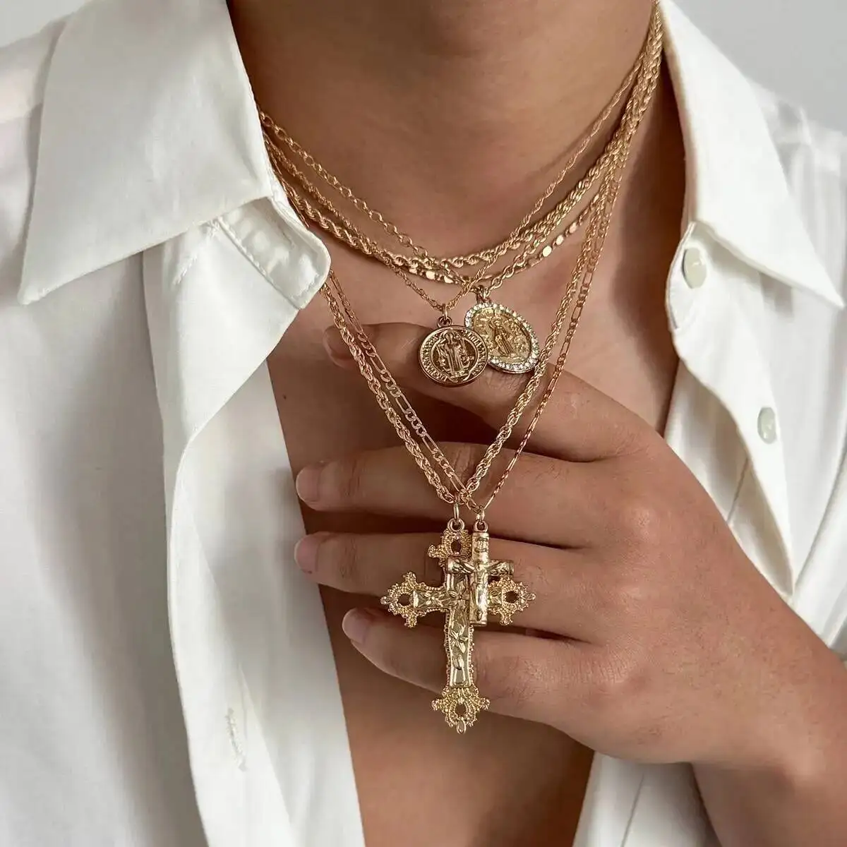 IngeSight.Z 6 Pcs/Set Hip Hop Punk Jesus Cross Pendant Necklace Men Trendy Gold Color Adjustable Clavicle Chain Jewelry Gift