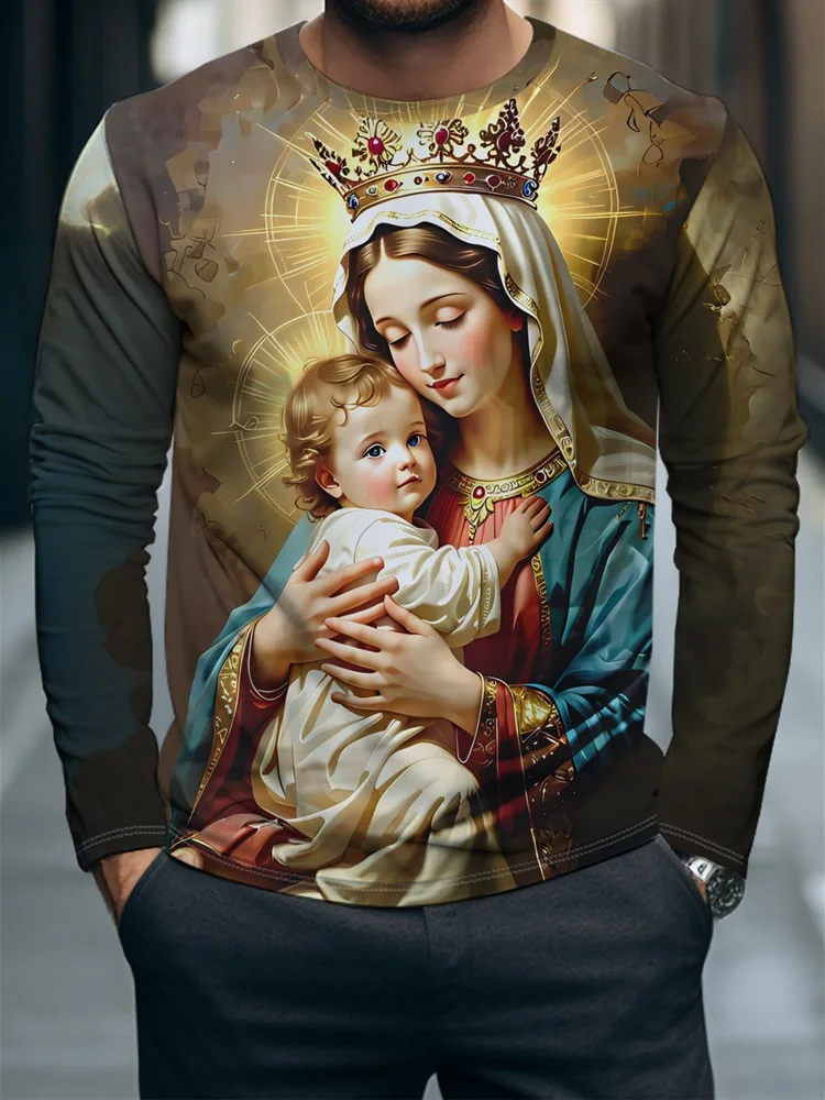 Men's Virgin Mary Baby Jesus Long Sleeve T-Shirt Gold Black Catholic Christian Religious Graphic Tee Pullover Tops Gift New Hot