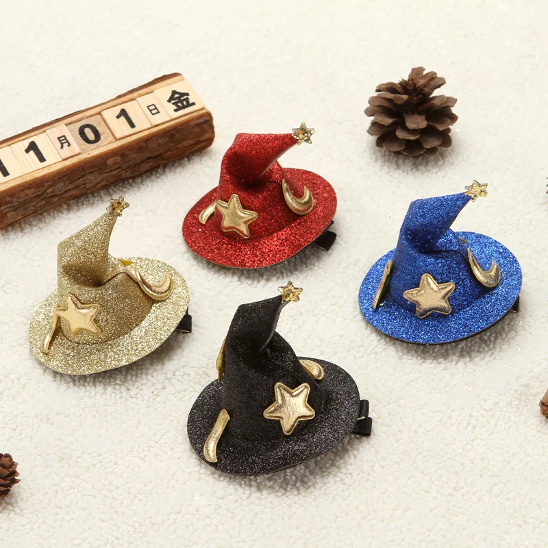 

Innovative Mini Wizard Hat Hairpin 2024 New 4-Color Shiny Inlay Moon Star Halloween Party Head Decorations for Girl Woman