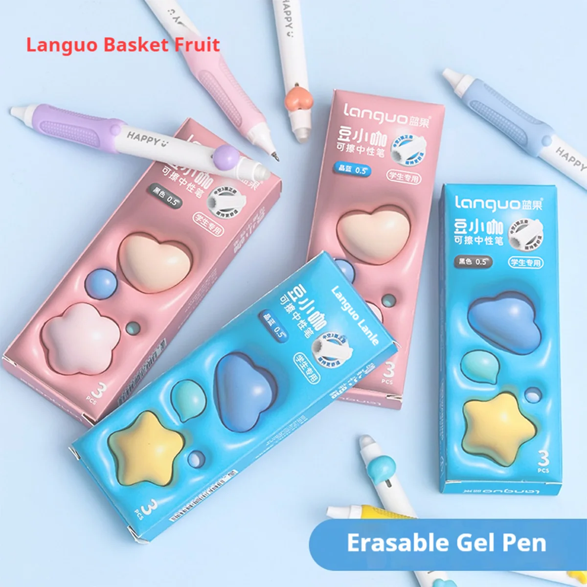 Languo Kawaii Click Erasable Pen Blue Black Ink for Students Smooth Writing Friction Gel Pen, Grip School Supplies Stationery