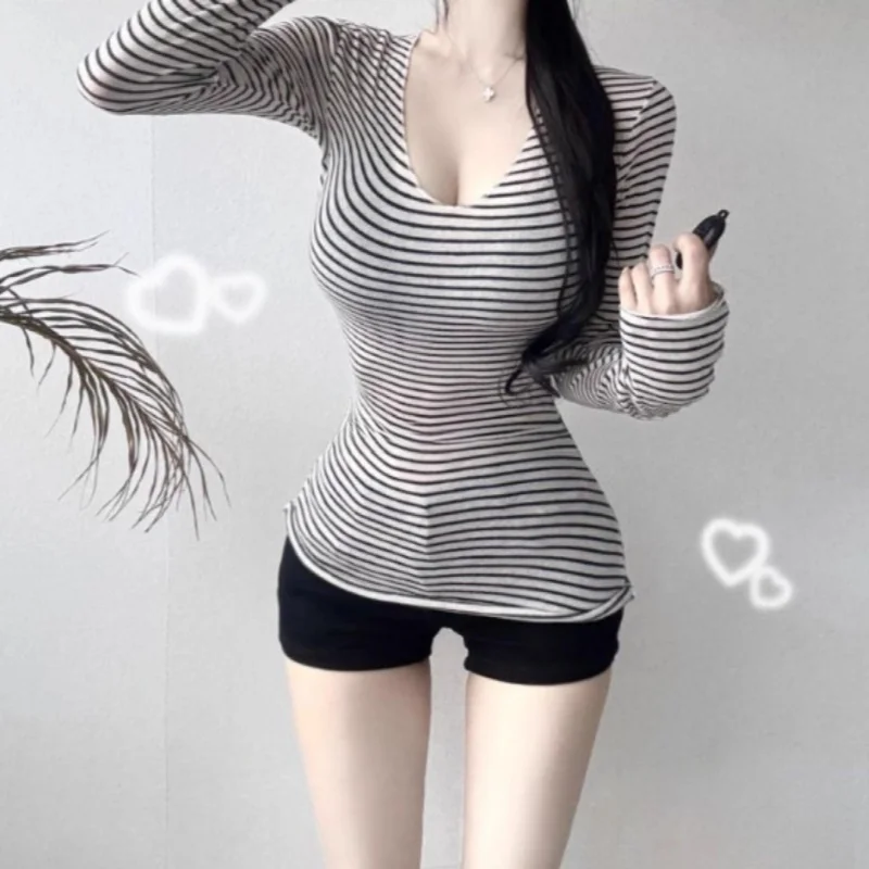 Slim Fit Long Sleeve V-Neck Striped Base Shirt T-Shirt Women's Casual Style Spring New Fashion Breathable Transparent Ladies Top