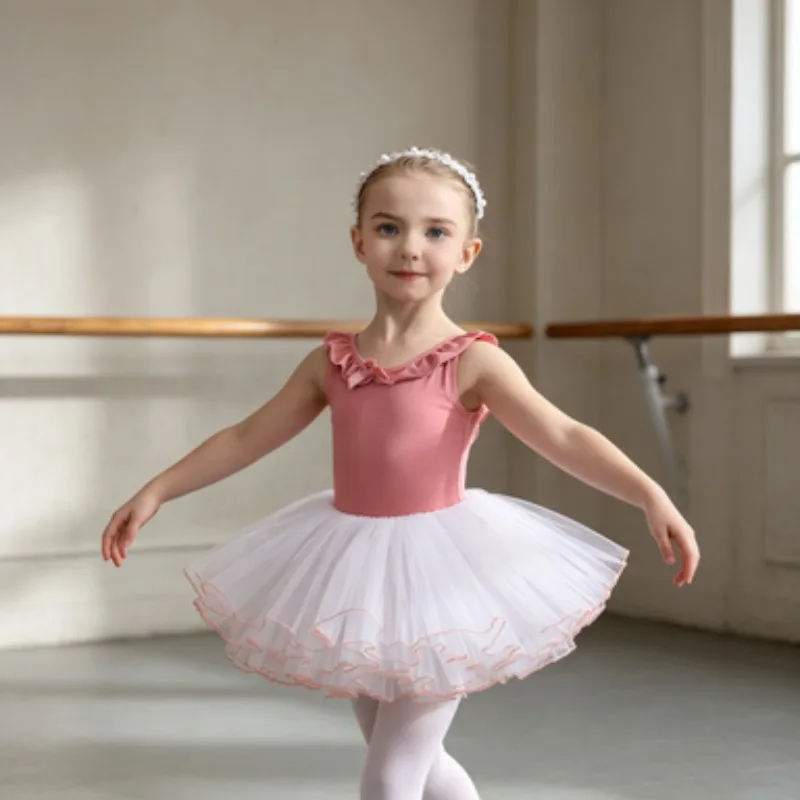 

Sleeveless Ruffled Dance Set for Girls,Pure Cotton One-piece Training Leotard with Dense Layered Skirt,Ideal for Ballet Training