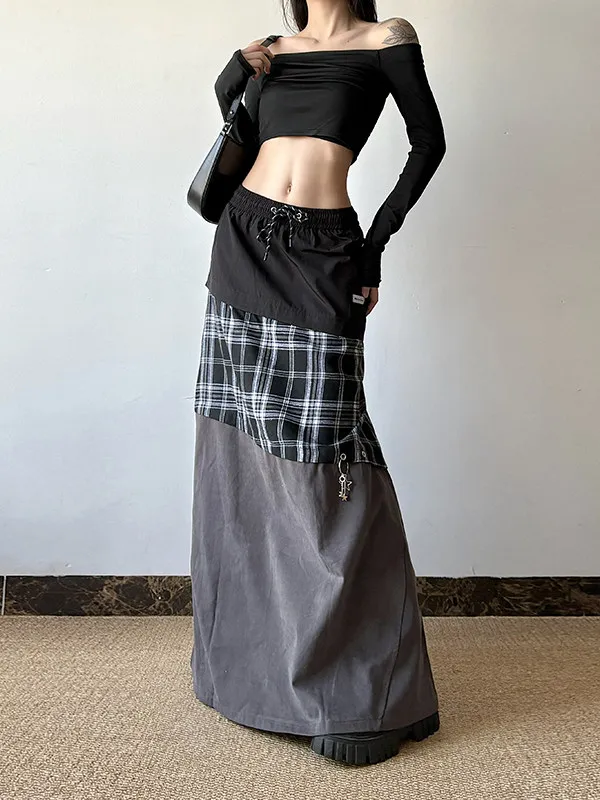 Women's Long Skirts Tie Dye 2000s Aesthetic Harajuku Japanese Contrast Color Goblin Core American Retro High Street Design New