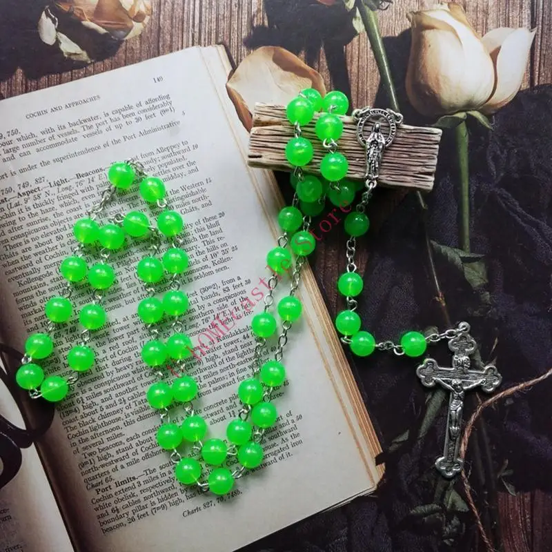 63HF Glow in Dark Rosary Beads Luminous Noctilucent for Cross Necklace Catholicism Religious Jewelry Prayer Gift for Women Men