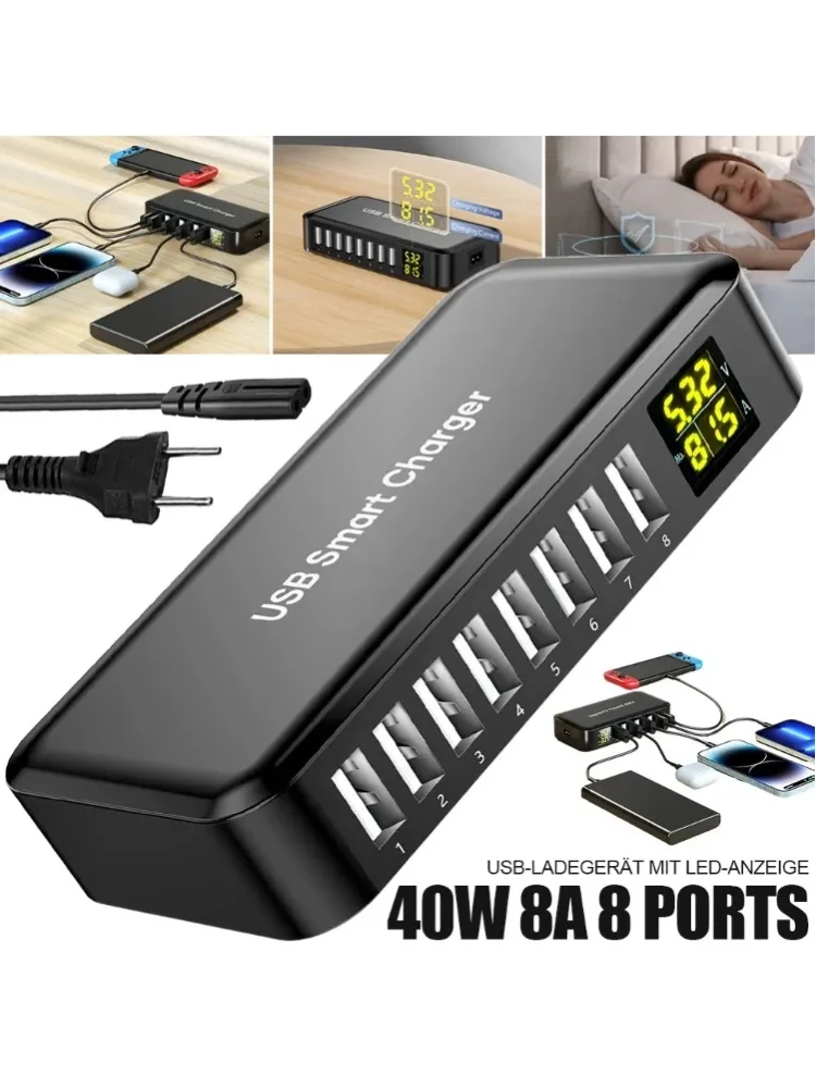 Ładowarka USB z wieloma portami, 40 W, 8 A, inteligentna stacja ładowania USB z 8 portami i cyfrowym wyświetlaczem LCD, wtyczka europejska, ładowarka do użytku na biurku, do ładowania wielu urządzeń, — 2