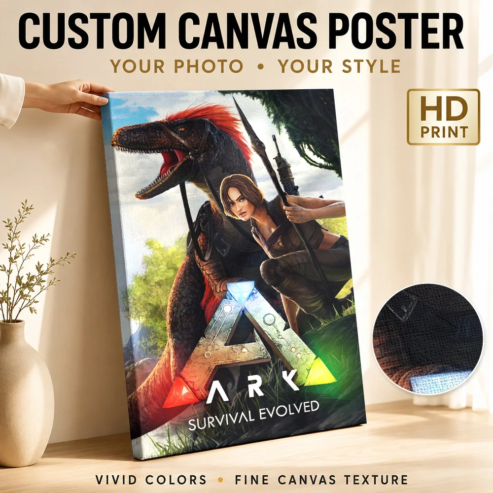 Ark Survival Evolved Woman And Dinosaur Framed Canvas Print Personalized Photo Adventure Illustration Wall Art For Gaming Room